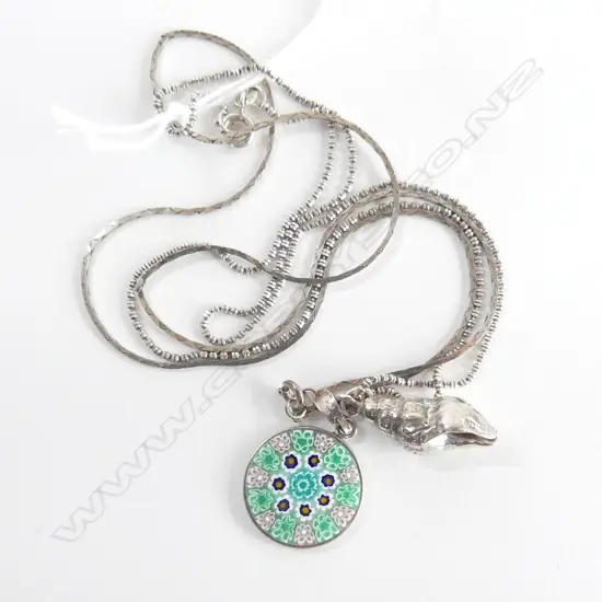 2 STERLING SILVER PENDENTS ITALIAN GLASS & SOLID SILVER SHELL 46CM CHAINS  15.4 GMS TOTAL