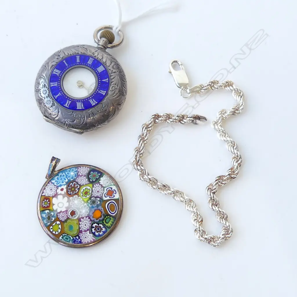 3 PCES JEWELLERY; STG POCKET WATCH, MURANO PENDANT, SILVER BRACELET 6.3gms Image 1++