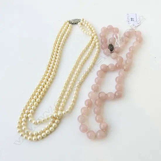 2 NECKLACES; SIMULATED PEARL & ROSE QUARTZ BEAD