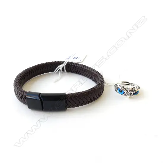 2 PCS; OWL RING adjustable size & WOVEN LEATHER BRACELET