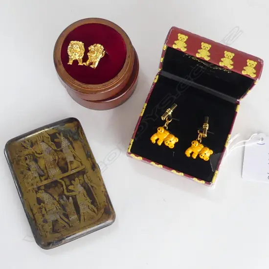 OLD EGYPTION CARD/CIGARETTE CASE CHRISTOPHER SIMPSON GOLD PLATE LION CUFF LINKS & ONE OTHER PAIR (TEDDY BEARS)