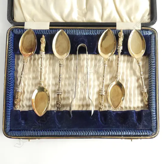 SET OF SIX SILVER GILT SPOONS & TONGS, c.1880, BOXED
