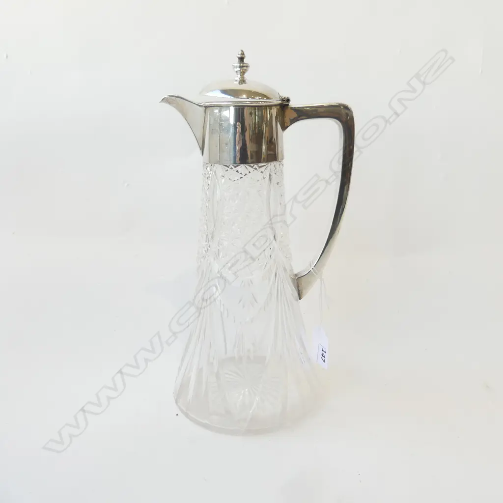 S/SILVER TOPPED CRYSTAL CLARET JUG H280MM CRACK TO BASE Image 1++