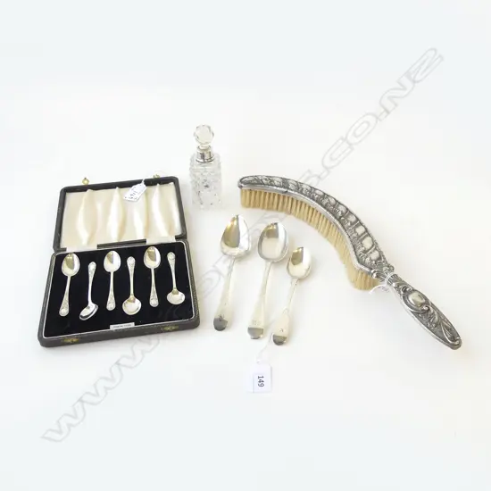 3 STG SILVER SPOONS 104gms, 6 STG TEASPOONS 33gms CASED, CUT GLASS BOTTLE, CRUMB BRUSH