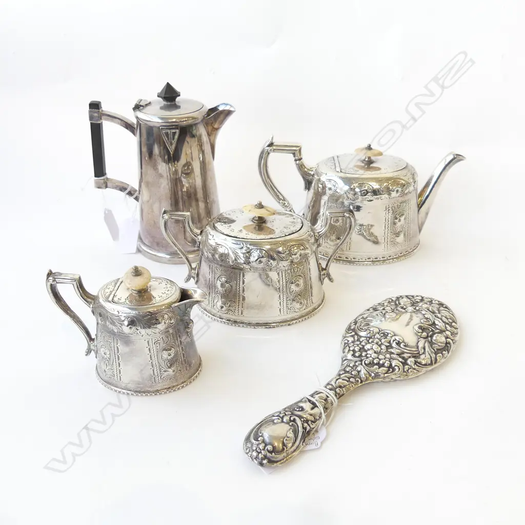 SILVER PLATED TEASET ARTS & CRAFTS STYLE HOT WATER POT WITH STERLING SILVER HANDMIRROR 1907.  Image 1++
