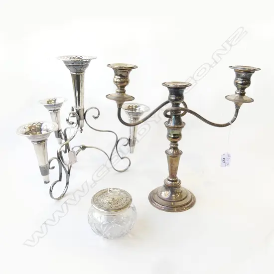 SILVER PLATED EPERNE & CANDLEABRA & STERLING LIDDED DRESSING VESSEL C1890 