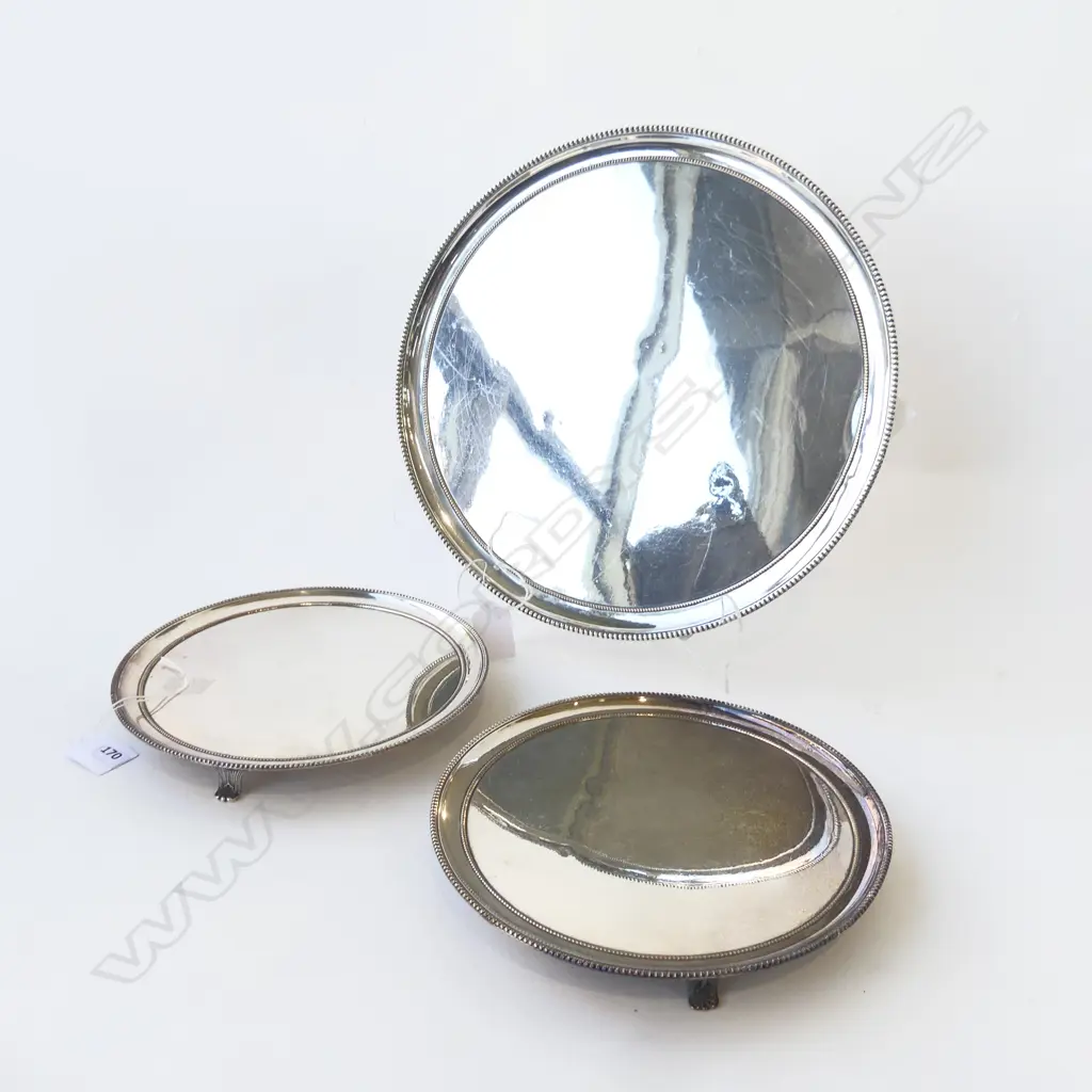 SHEFFIELD PLATE WAITER DIA300MM & 2 SHEFFIELD PLATE SALVERS DIA200MM Image 1++