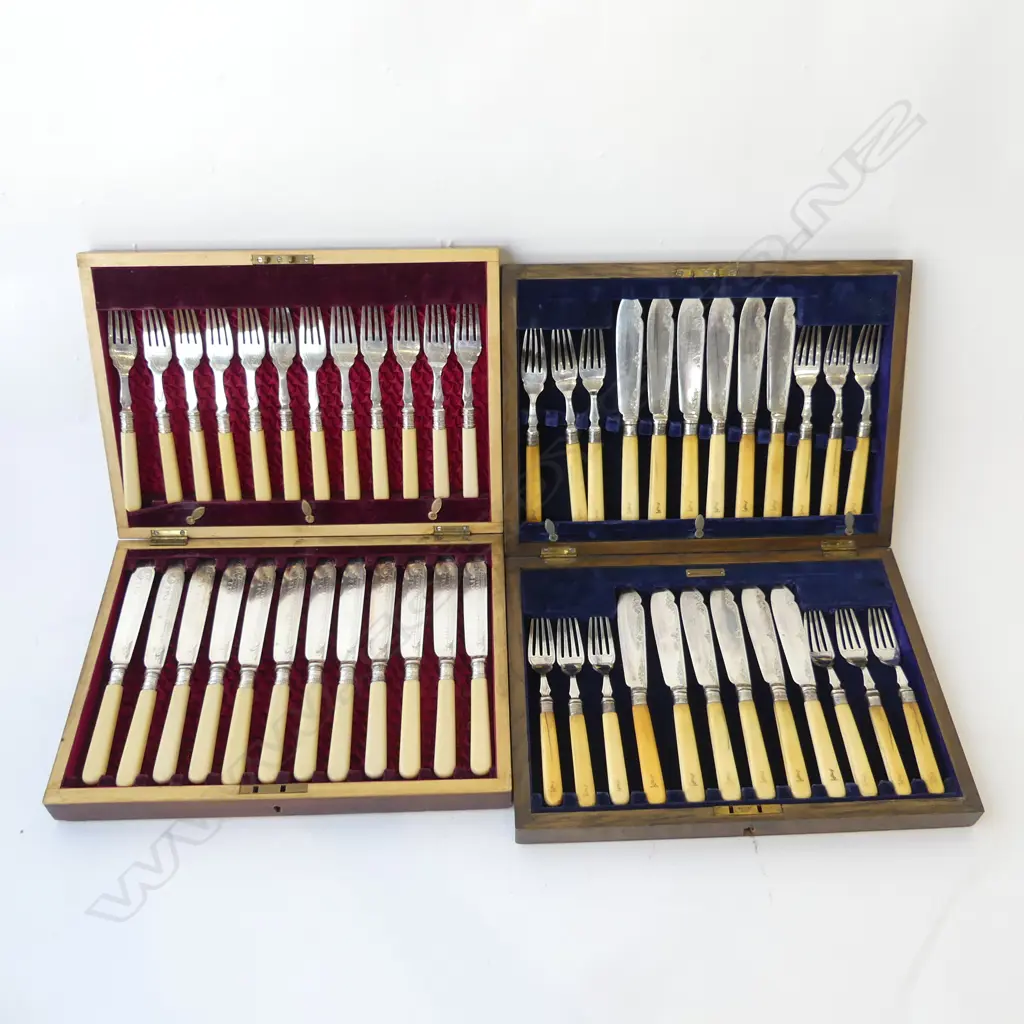 TWO BOXED FISH SETS ONE MAHOGANY OTHER OAK CASED WITH STERLING SILVER FERRULES  Image 1++