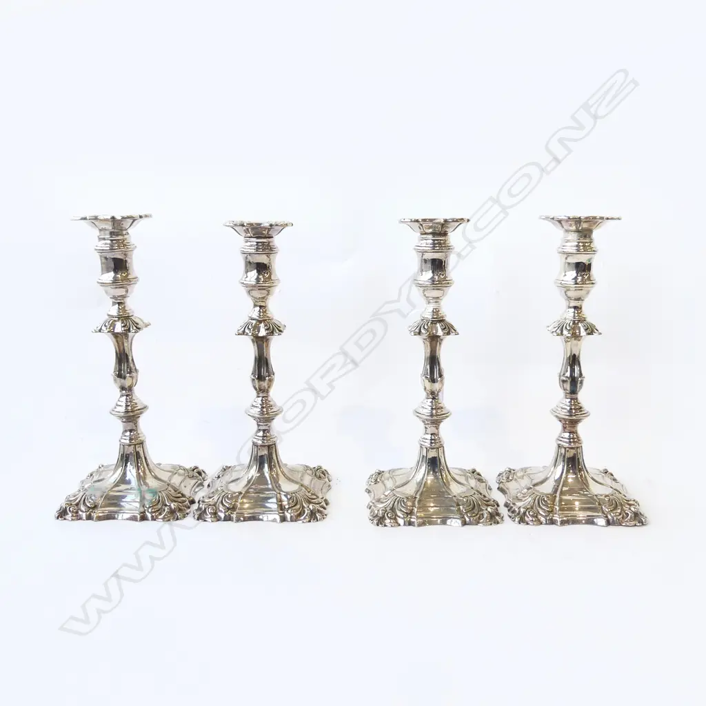 4 EDWARDIAN SILVER PLATE CANDLESTICKS, 1760 STYLE H.235mm Image 1++