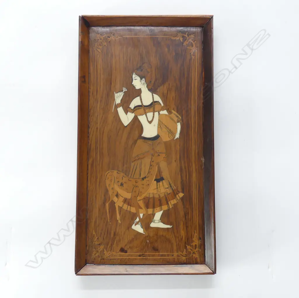 INLAID WOOD & BONE MARQUETRY PLAQUE, WOMAN WITH DEER,440 x 230mm Image 1++
