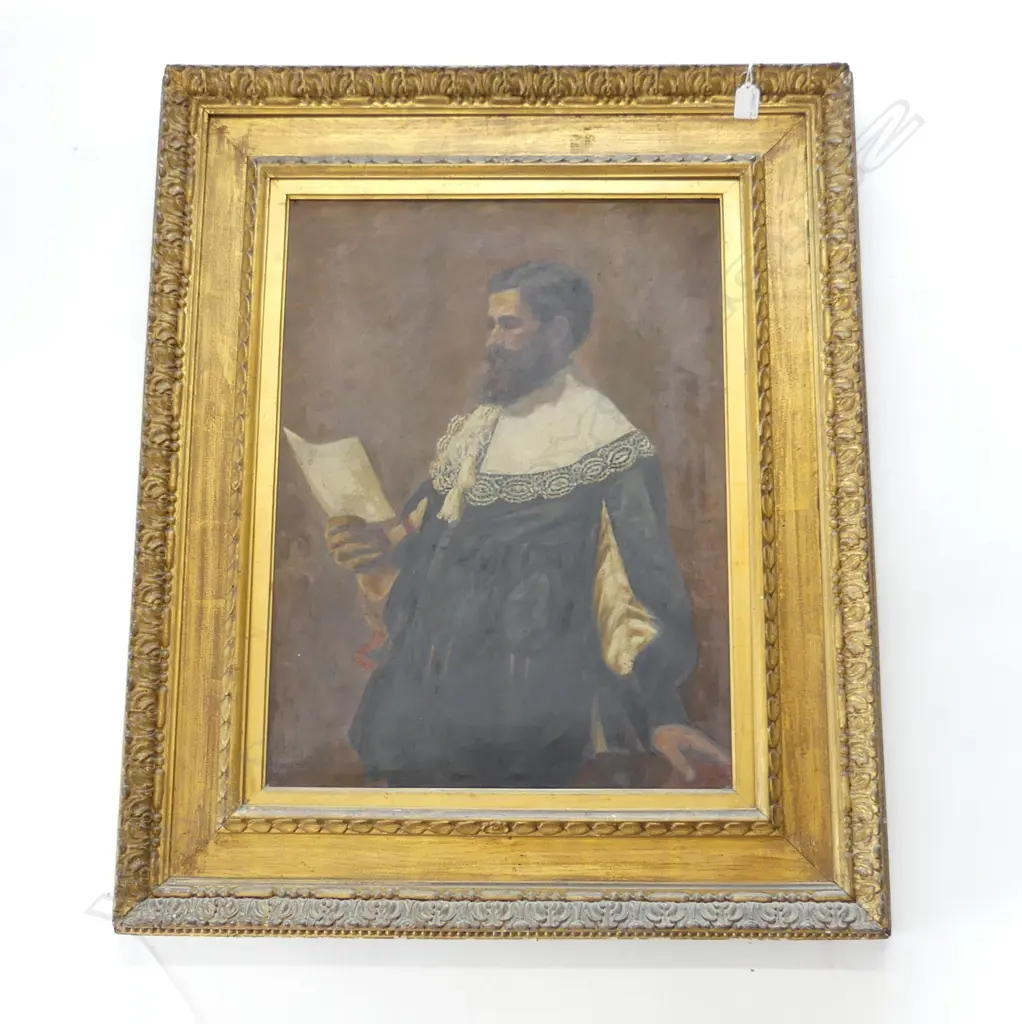 19thC OIL ON CANVAS BY MARY MCARTHUR (ENGLISH) 'A CHALLENGE' SIGNED & DATED 1882 PORTRAIT GILT FRAMED labelled verso Image 1++