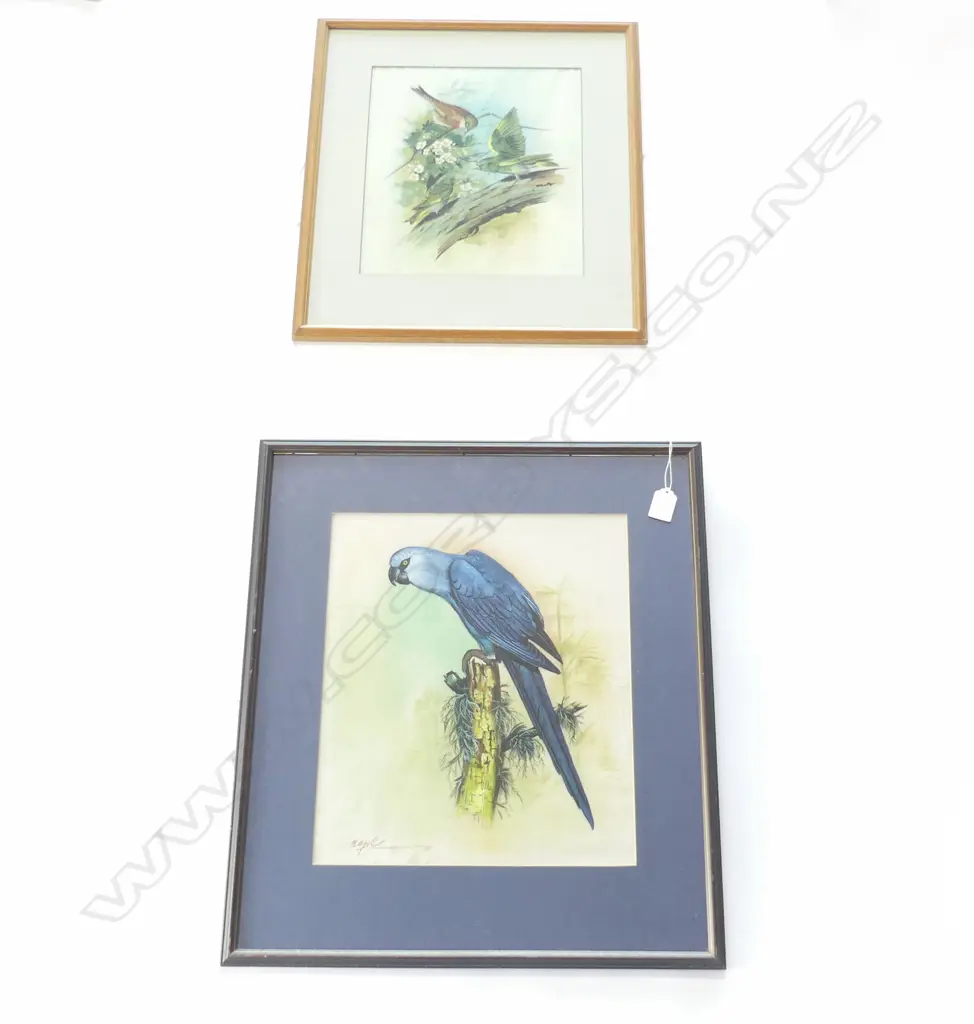 TWO PAINTING ON SILK OF BIRDS ON BRANCHES. LARGEST 360 x 310mm Image 1++