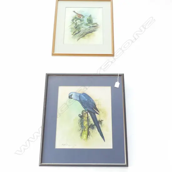 TWO PAINTING ON SILK OF BIRDS ON BRANCHES. LARGEST 360 x 310mm
