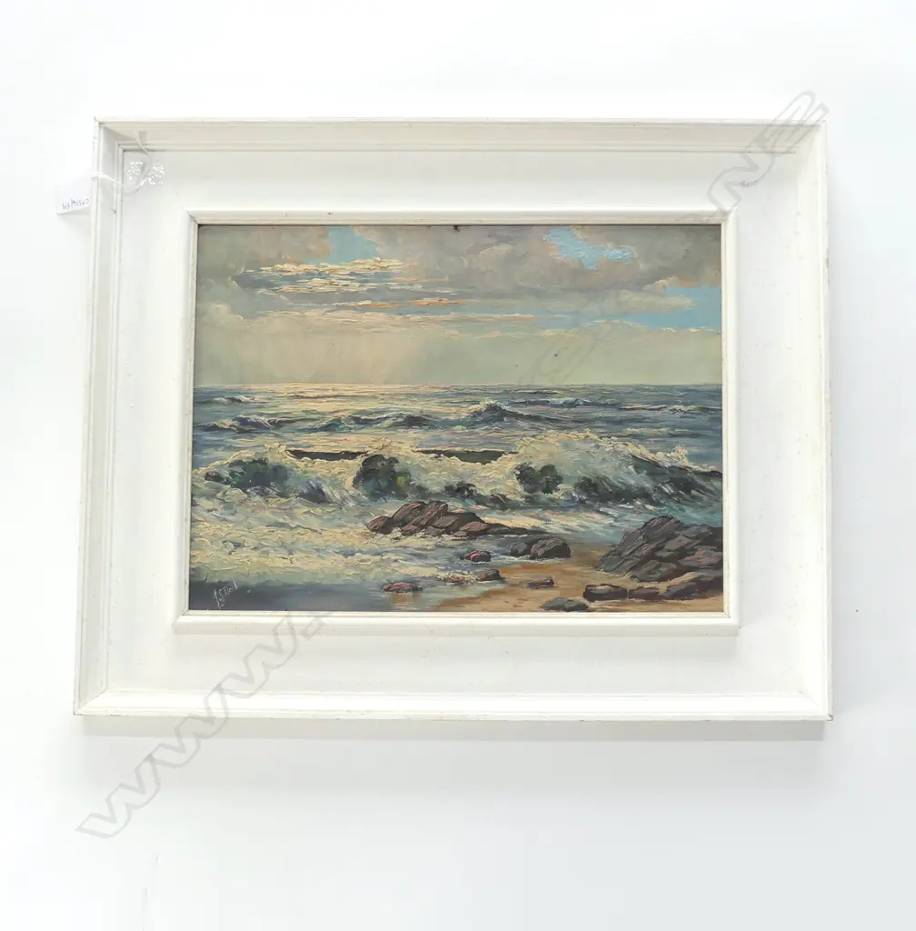 OIL ON BOARD ROCKY BEACH SIGNED J STEEL H430 L560MM Image 1++