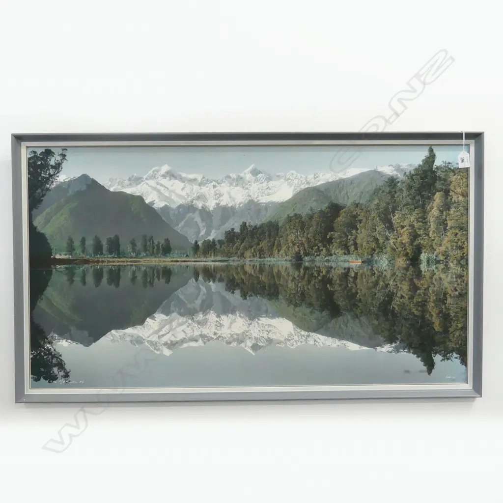 WHITE'S AVIATION VINTAGE H/COLOURED PHOTO 'LAKE MATHESON' orig. frame. Signed & entitled. Labelled verso 540 x 995mm lge Image 1++