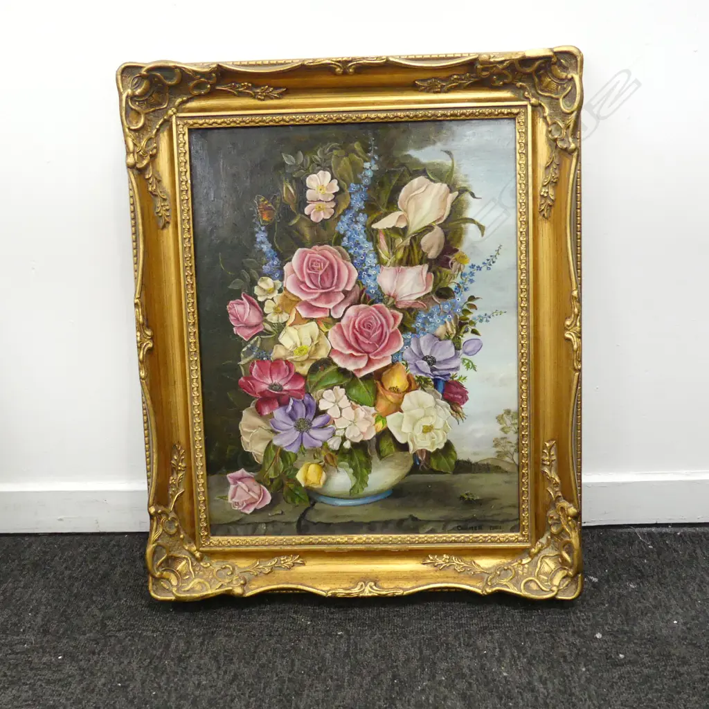 FLORAL STILL LIFE, OIL ON CANVAS SIGNED CULMER 1981 445x340mm Image 1++
