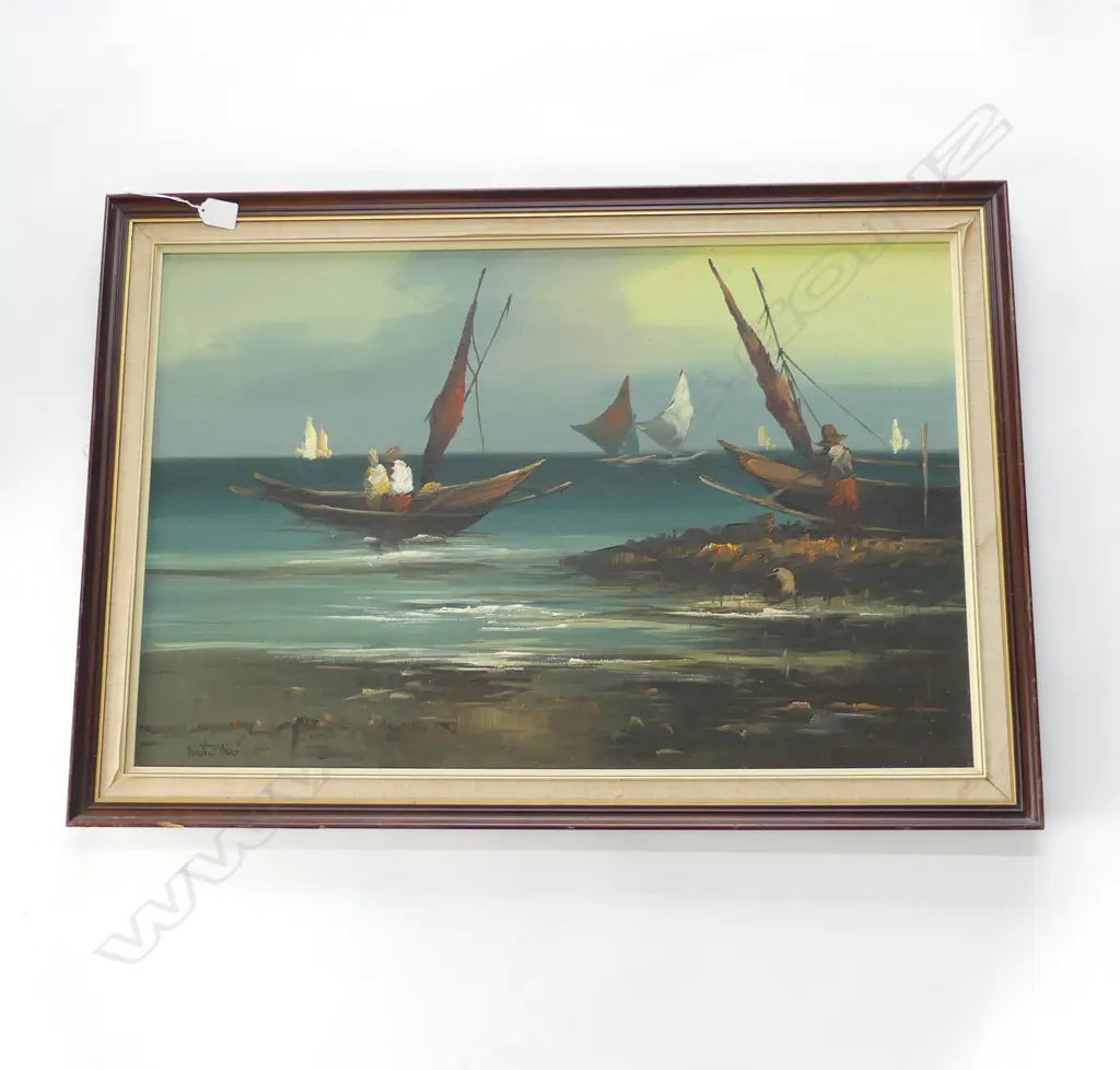 RETRO OIL TROPICAL ISLAND FISHING BOATS SIGNED INDERSTINCTLY H600 L880MM Image 1++