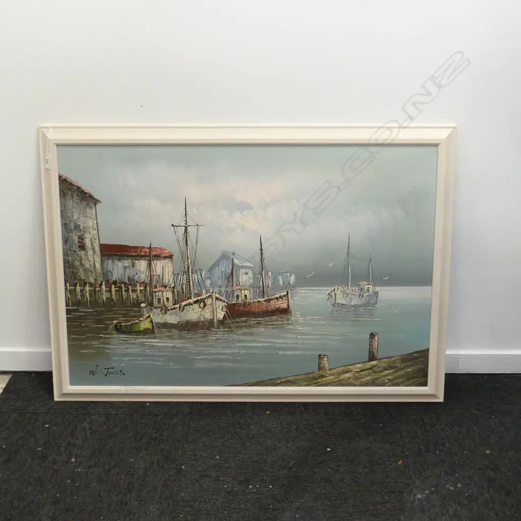 W. JONES, HARBOUR SCENE, OIL ON BOARD 600x900mm Image 1++