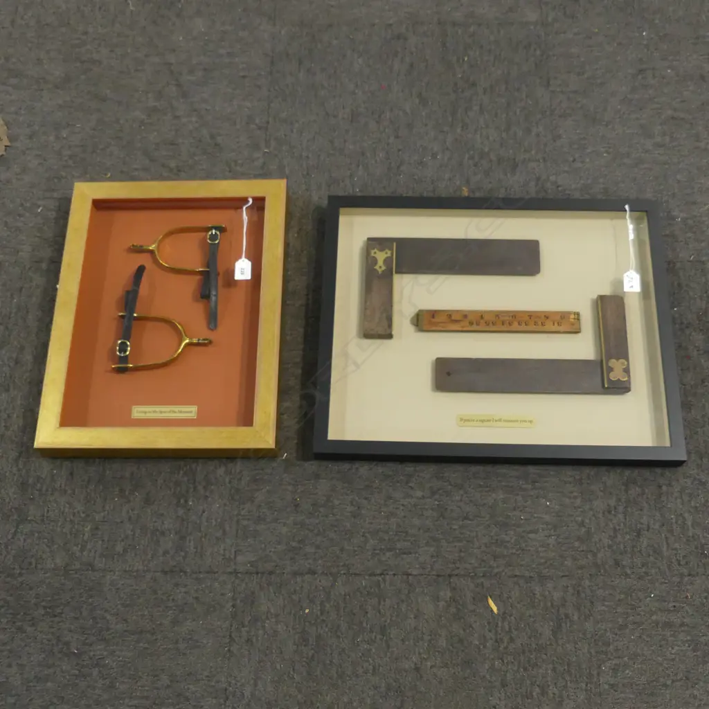 2 FRAMED ARTWORKS; SET SQUARES 435x540mm & SPURS 455x355mm overall sizes Image 1++