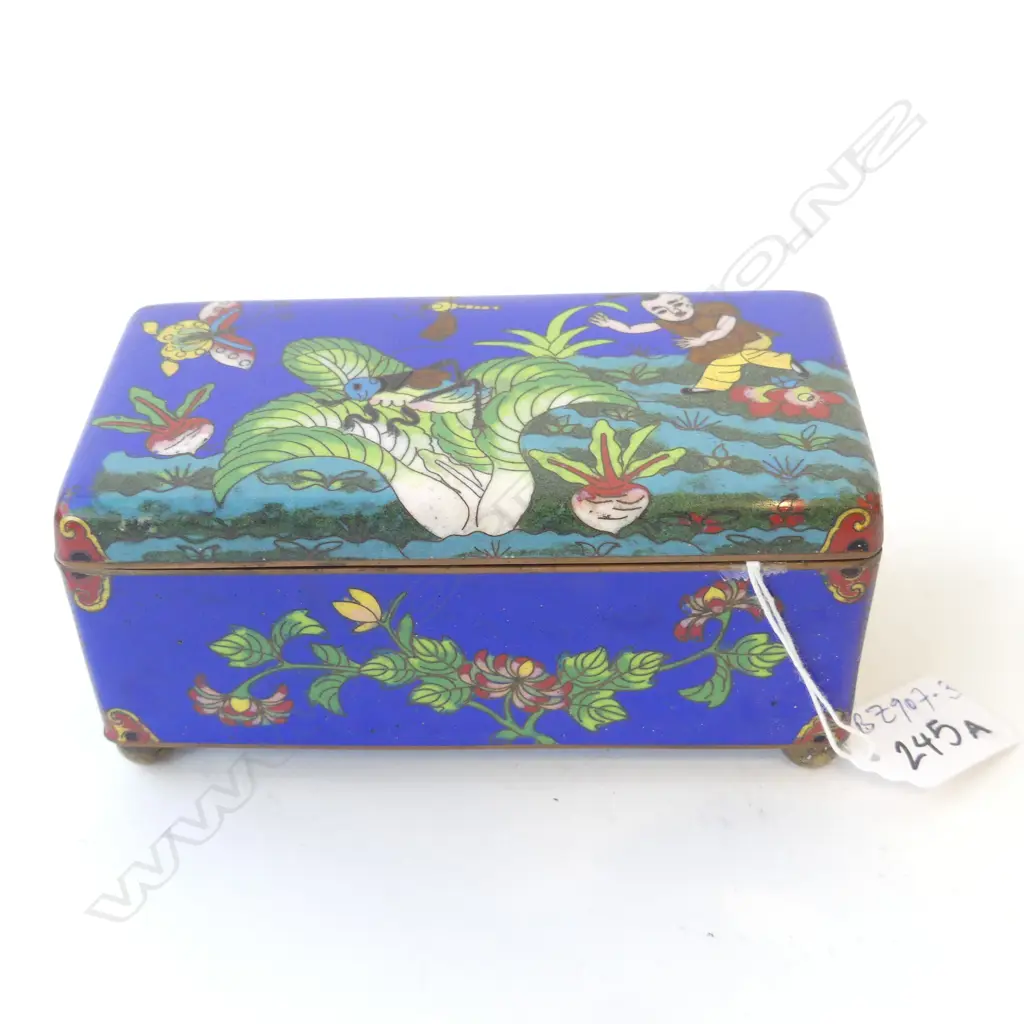 ORIENTAL OBLONG OLD CLOISONNE (JEWEL) BOX GARDEN SCENE L.154mm blue ground Image 1++