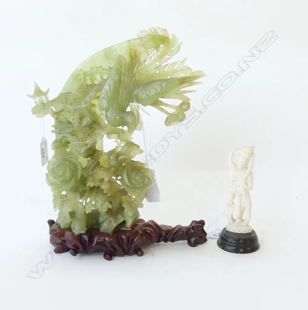 ORIENTAL JADE SCULPTURE BIRD AMONGST FOLIAGE (SOME CHIPPING) H.270mm  & IVORY CARVED FIGURE H. 130mm  Image 1++