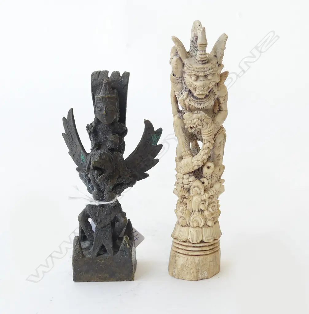 INDONESIAN BONE CARVING H.160mm, METAL WINGED FIGURE H.130mm Image 1++