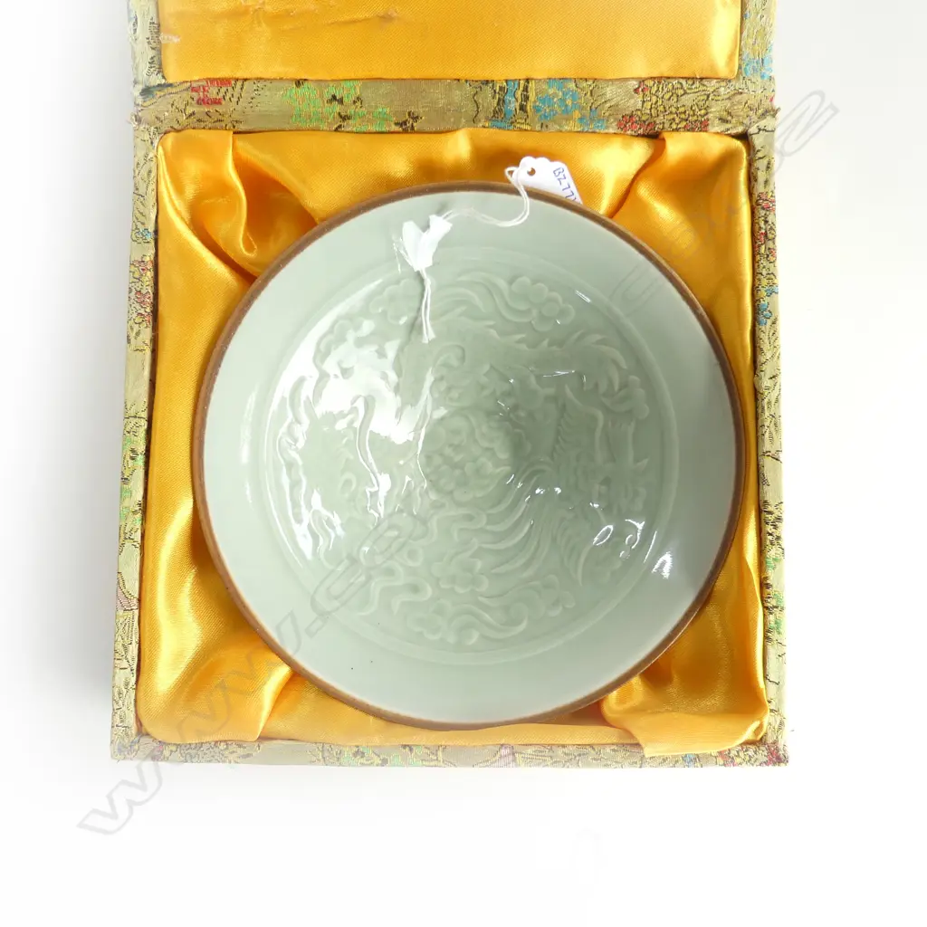 CHINESE BOXED CELODON INCISED DRAGON PAT BOWL DIA 200MM Image 1++