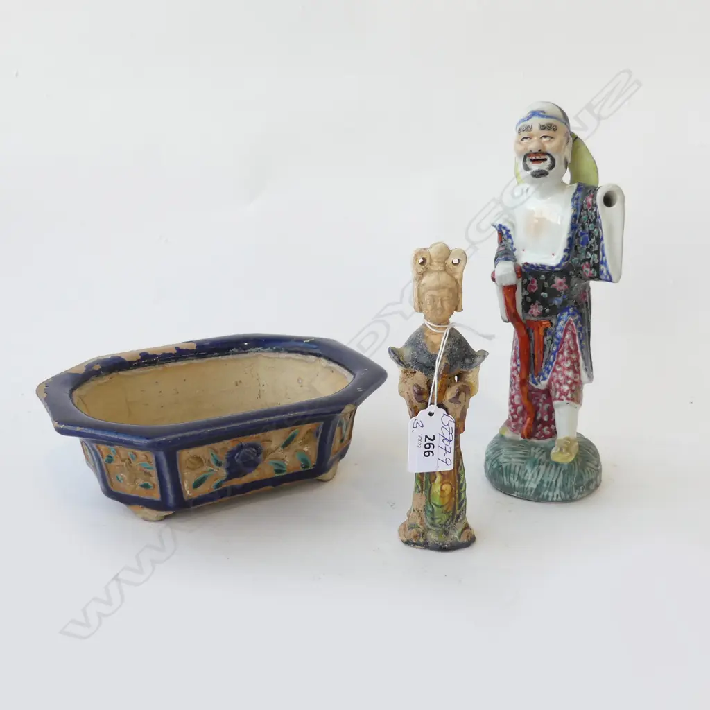 2 CHINESE FIGURES" PORCELAIN w arm missing + TANG STYLE COURTESAN FIGURE + IKIBANA DISH Image 1++