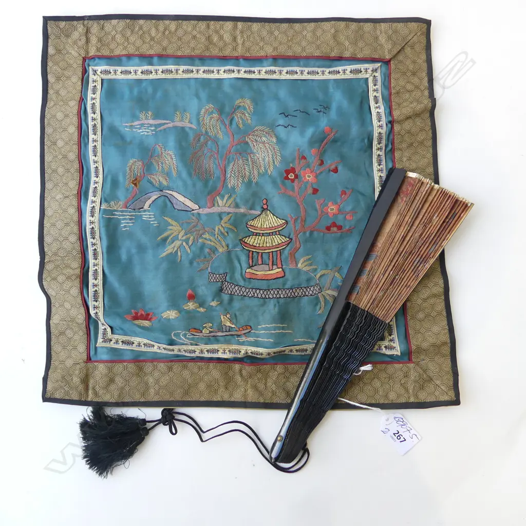 CHINESE SILKNHAND EMBROIDERED PANEL + FAN W HUNTING SCENE some damage Image 1++