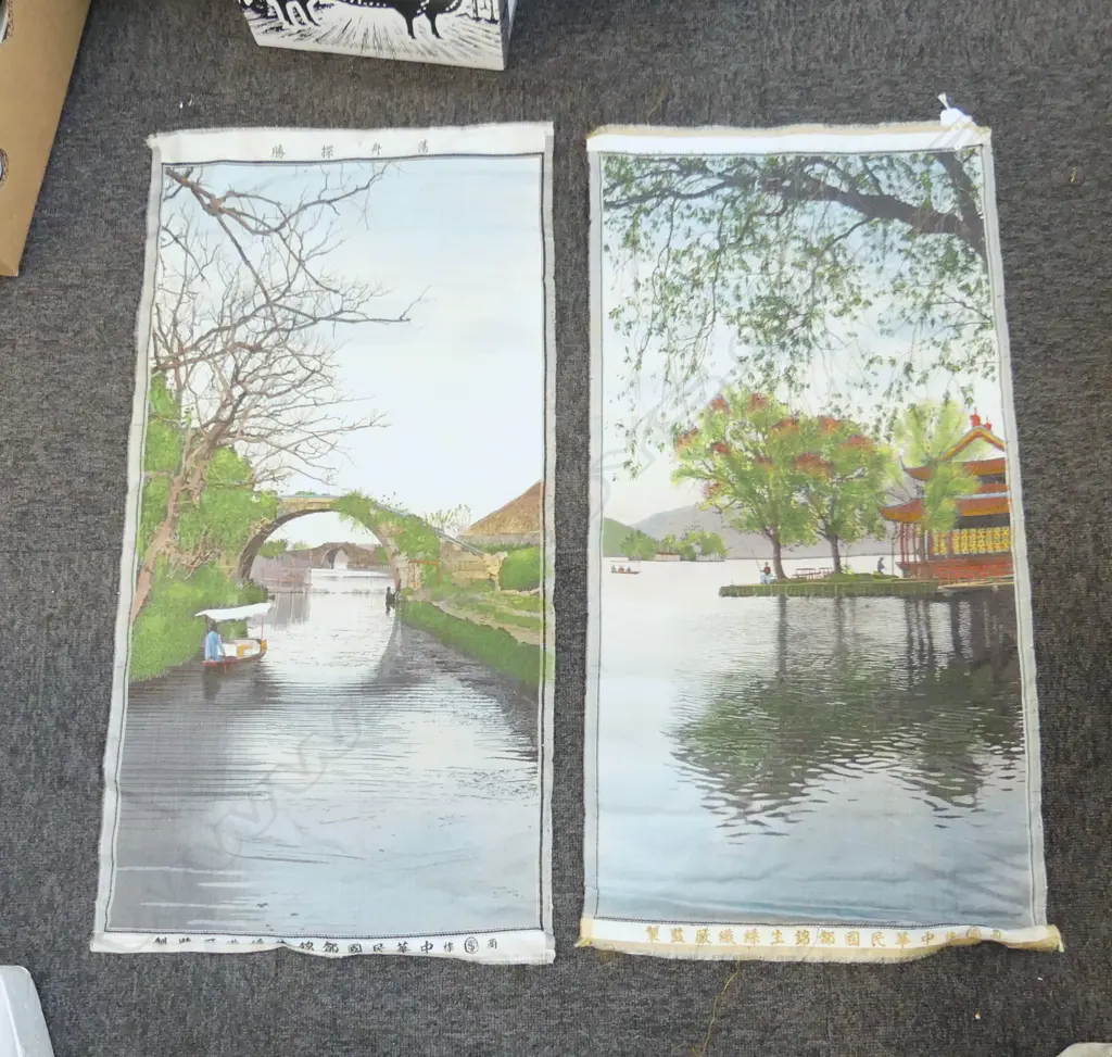 2 VINTAGE CHINESE SILK MACHINED EMBROIDERIES Winter bridge & Spring Coastal 700 x 400mm Image 1++
