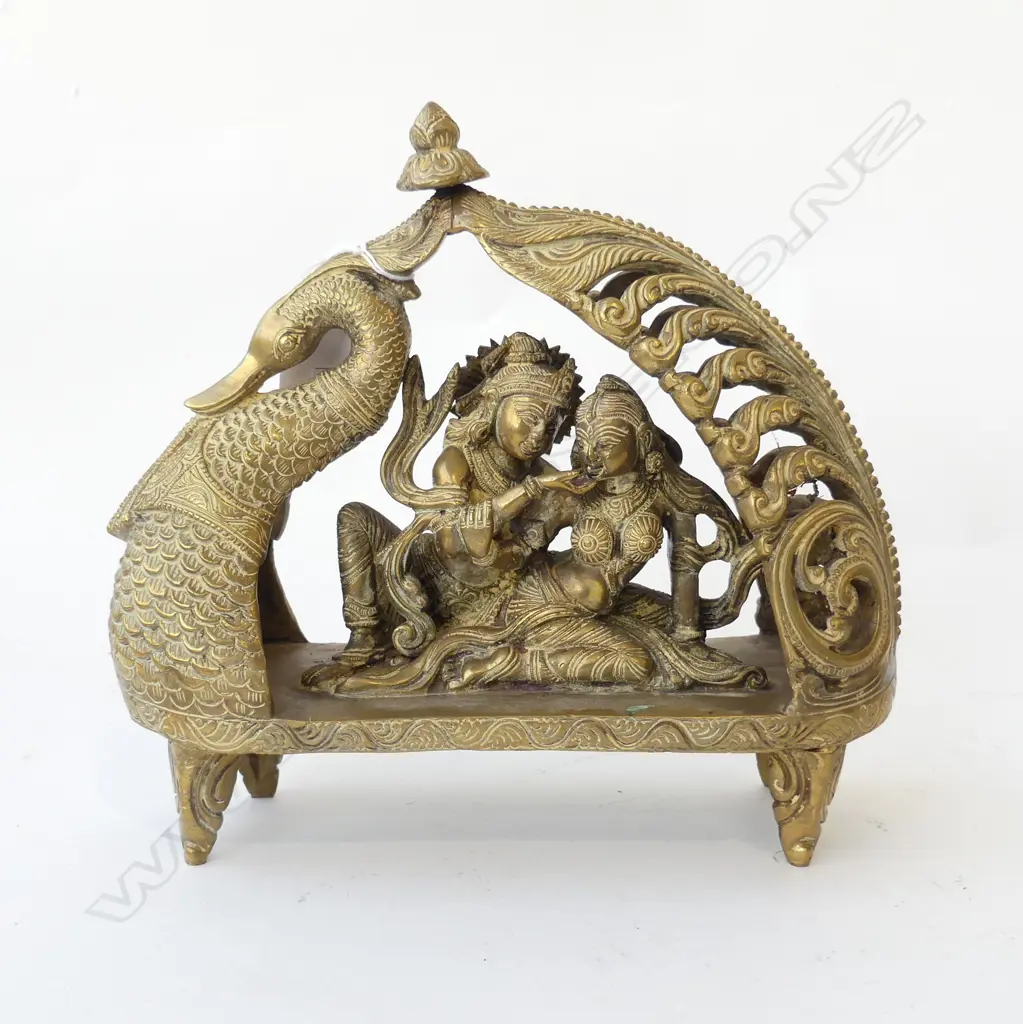 INDIAN BRONZE/BRASS? FIGURE GROUP OF COURTING COUPLE within a bird type alter. L.270mm Image 1++