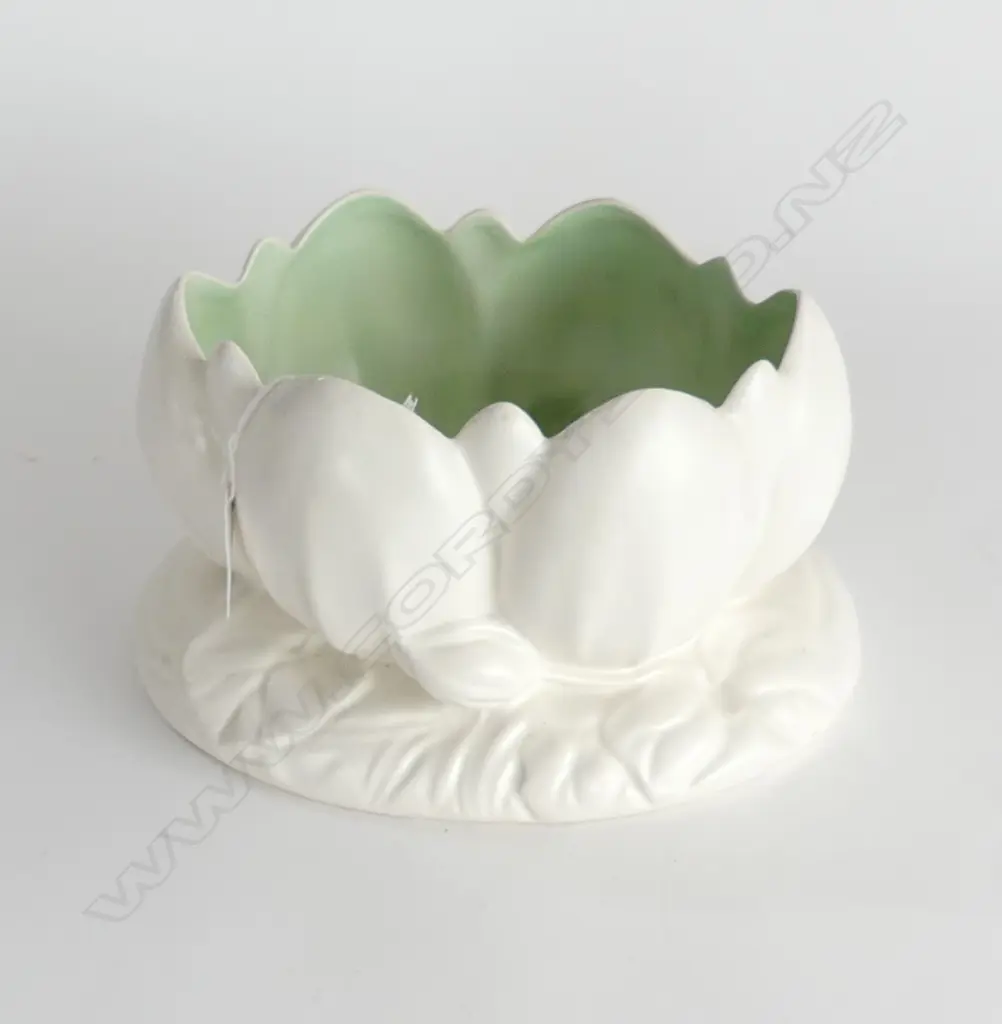 CLARICE CLIFF WHITE LOTUS VASE, GREEN INTERIOR, 220X130mm Image 1++