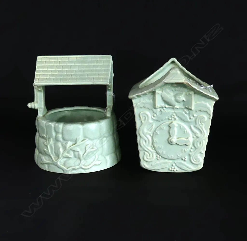 CROWN LYNN MOULDED 1950S GREEN WISHING WELL  # .558 H. 160mm & CROWN LYNN CUCKOO CLOCK ( MINOR FRIT ) H. 150mm Image 1++