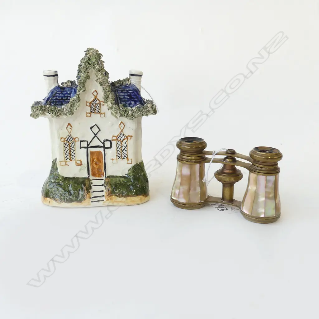 OLD VICTORIAN FLATBACK AS COTTAGE H. 140mm & MOP OPERA GLASSES  Image 1++