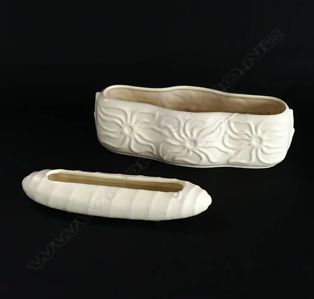 TWO CROWN LYNN WHITE MOULDED TROUGH VASES, #.107 L.260mm & CIGAR SHAPED NUMBER 137?, L.220mm Image 1++