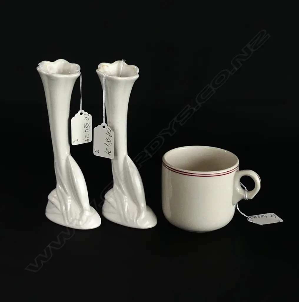 CROWN LYNN RAILWAY-TYPE CUP & PAIR OF MOULDED UNUSUAL TRUMPET VASE, #2015, H.170mm Image 1++