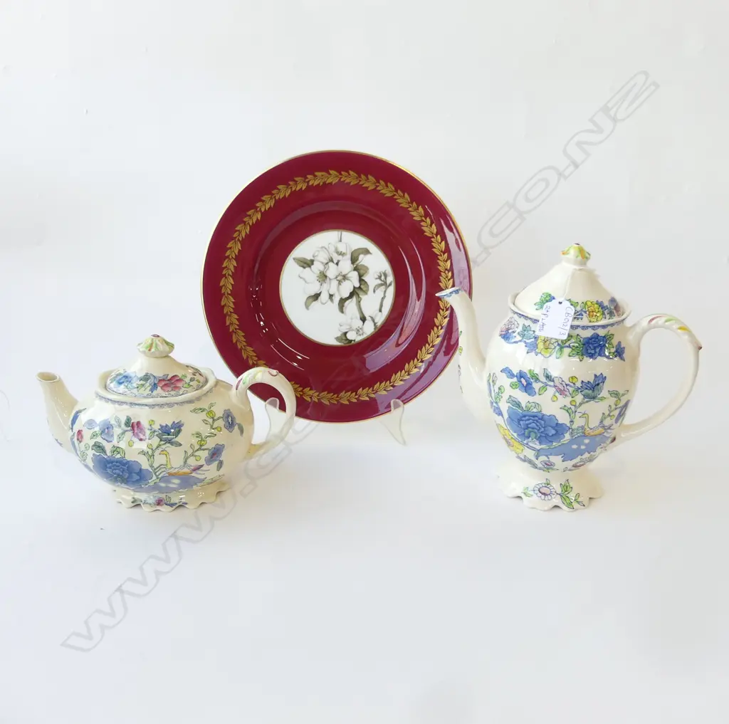 MASONS REGENCY TEAPOT & COFFEE POT H.220mm + ROYAL WORCESTER 'APPLE BLOSSOM' PLATE 270mm dia Image 1++