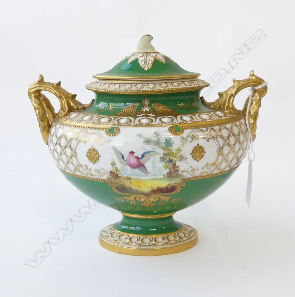 20thC ROYAL CROWN DERBY PEDESTAL OVAL LIDDED URN cartouches painted with birds & florals lavishly gilded Image 1++