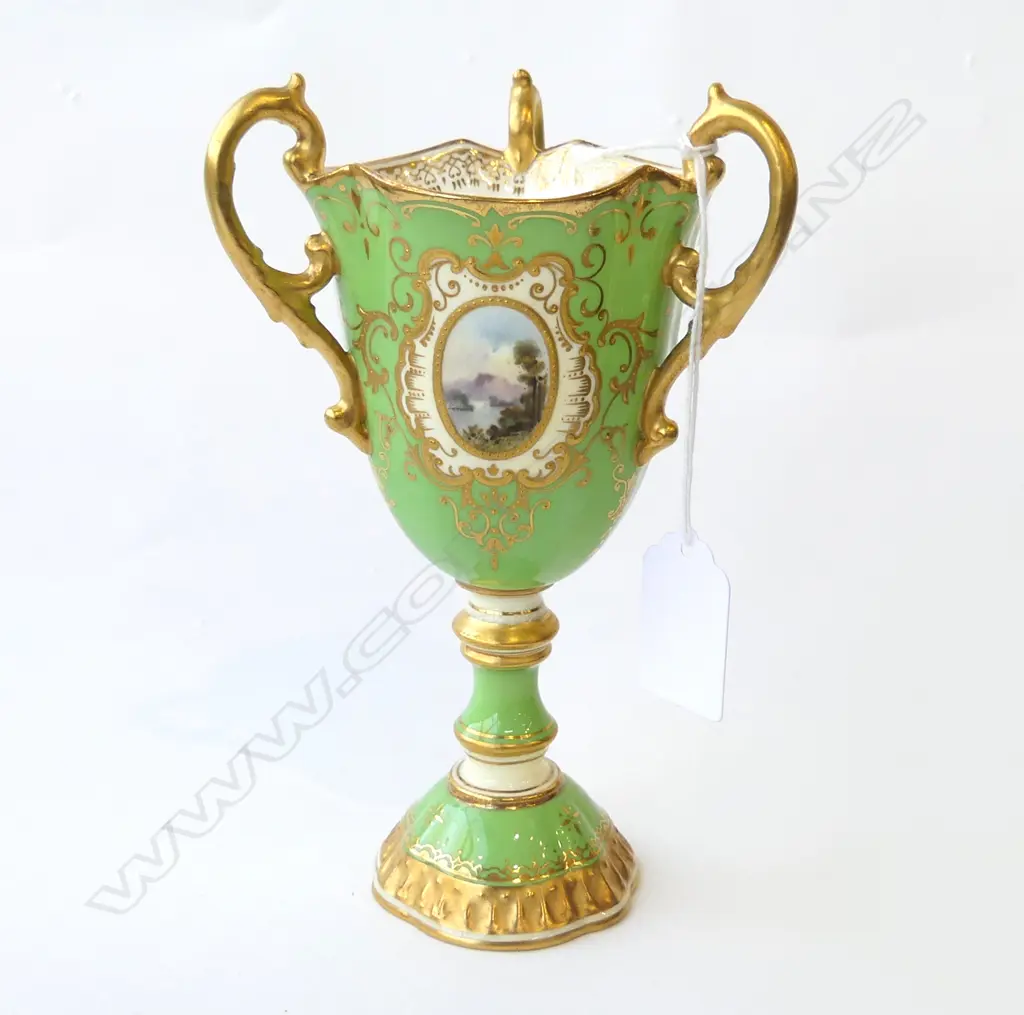 COALPORT COBALT PAINTED SMALL PEDESTAL LOVING CUP URN coastal landscape in cartouch. Gilded H.175mm Image 1++