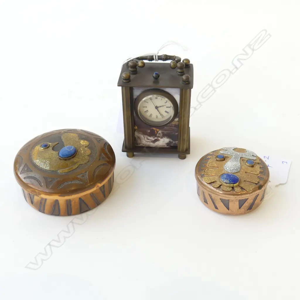TWO ROUND BOXES FROM PERU LAPIS LAZULI IN CABACHONS ON LIDS 65 & 45mm dia & SMALL METAL CLOCK WITH  SCENES & PROPER MVT Image 1++
