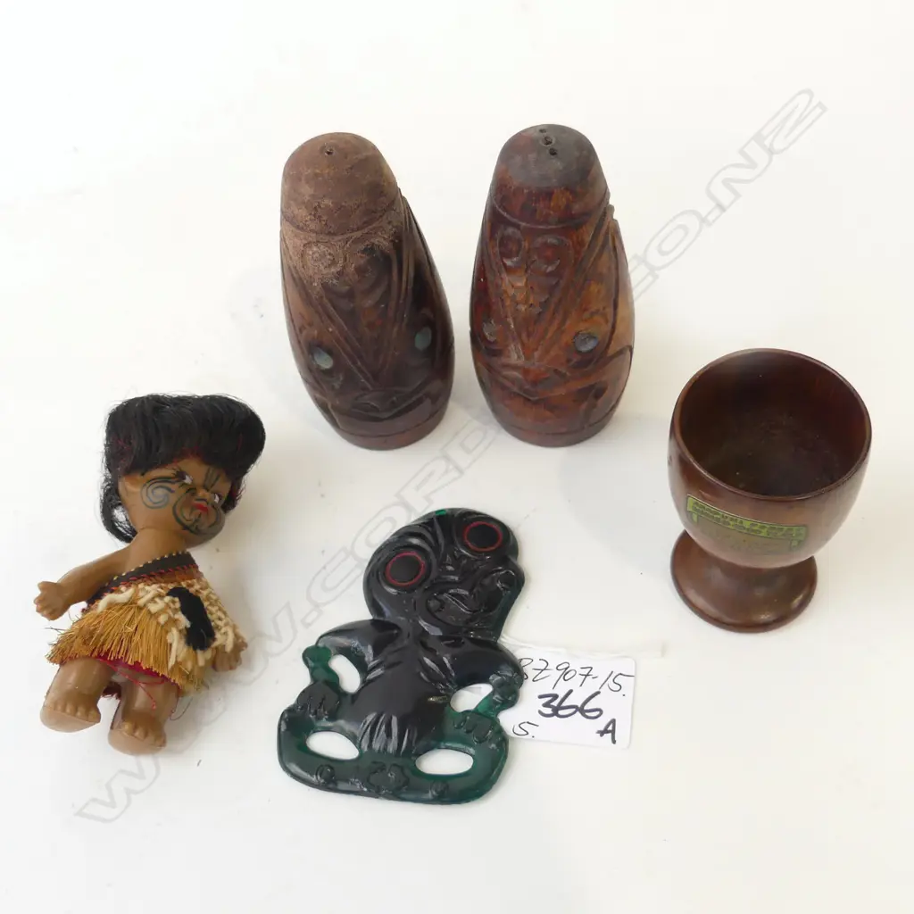 VINTAGE PLASTIC HEI TIKI maybe AirNZ + PR CARVED CONDIMENTS + SMALL RUBBER DOLL + TURNED EGG CUP 'Arapuni Forrest Buried Image 1++