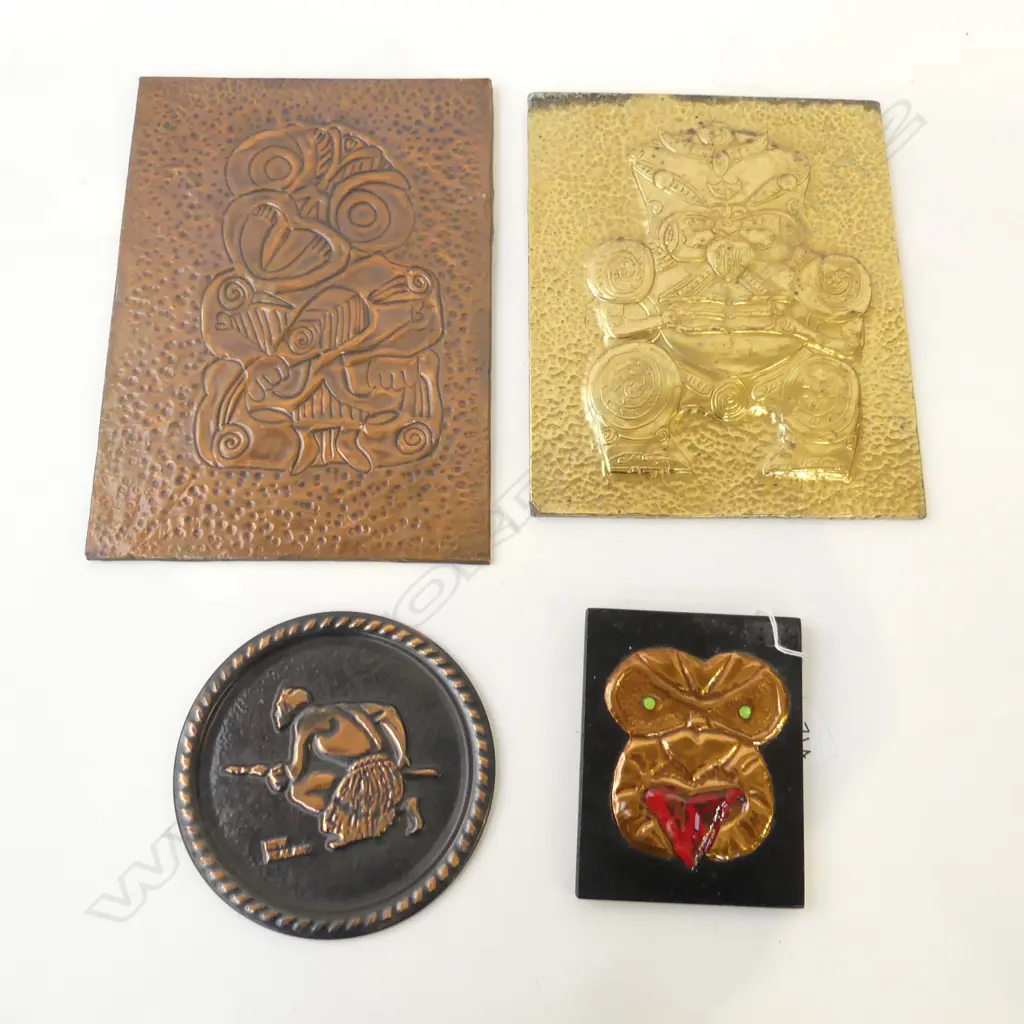 4 VINTAGE MAORI EMBOSSED PLAQUES COPPER & BRASS. Tallest H.290mm. Image 1++