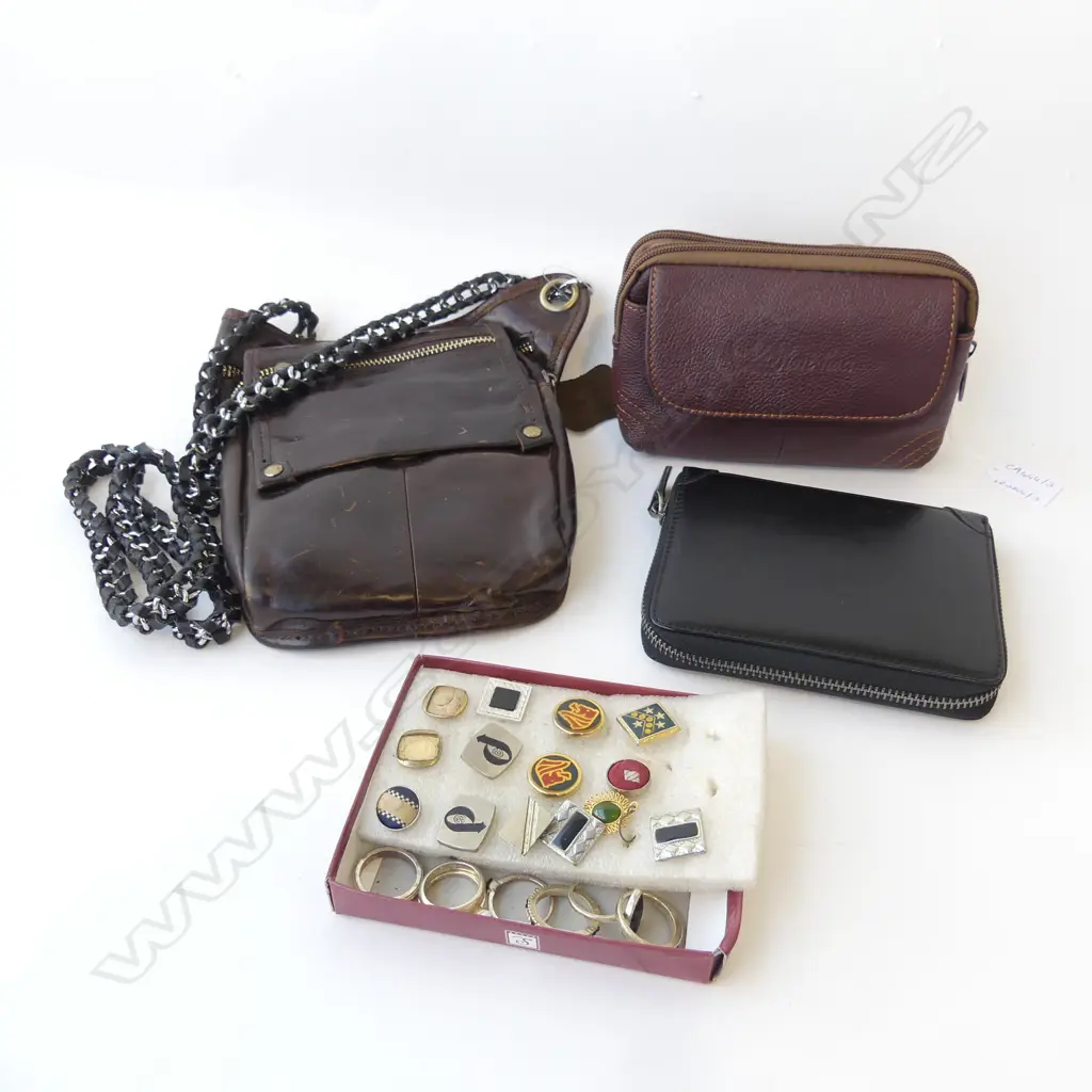 3 LEATHER BAGS, ASST. CUFFLINKS & RINGS Image 1++