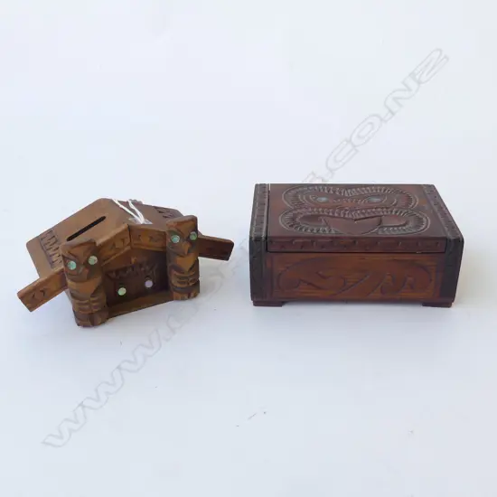 2 VINTAGE CARVED MAORI BOXES: 1 WHARE MONEY BOX + BOX with Maori mask to lid. W.160mm