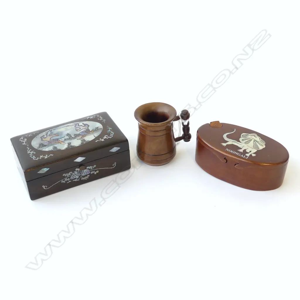 SMALL JUG MADE FROM SWAMP MATAI H.60mm, MOP INLAID BOX OF FISH L.110mm & OVAL PUZZLE BOX 'NOONGALI' TO THE LID L. 100mm Image 1++