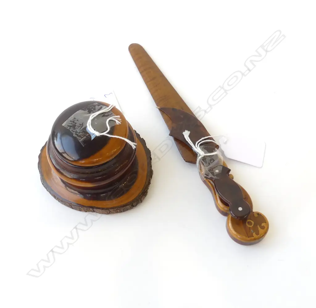LIDDED WOODEN INKWELL MADE FROM 'OLD MANNA TREE' AUSTRALIA, LETTER OPENER INLAID L.210mm & FAUX TORTOISHELL OPENER L.105 Image 1++