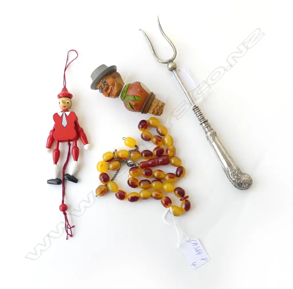 CLASSIC GERMAN CARVED BOTTLE STOP, NICELY COLORED NECKLACE, WOODEN ARTICULATED TOY L.120mm & SILVER TOASTING FORK Image 1++