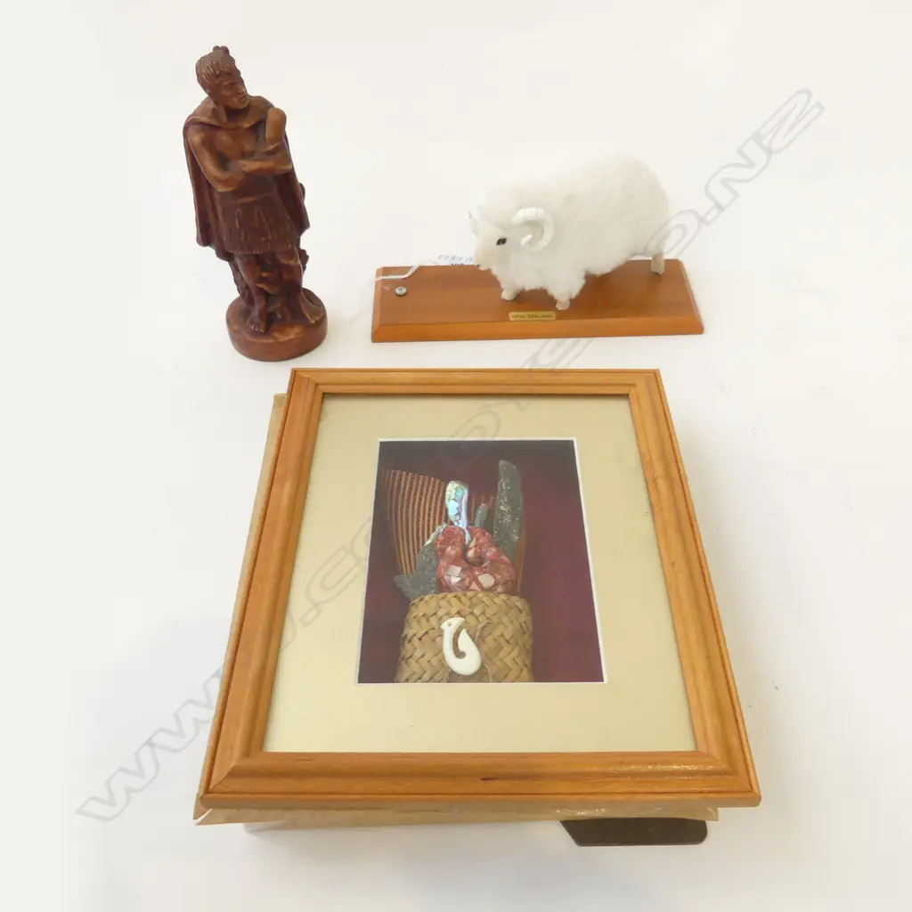 3 ITEMS"FRAMED MAORI OBJECT DISPLAY + RESIN WARRIOR FIGURE + SHEEP ON STAND Image 1++