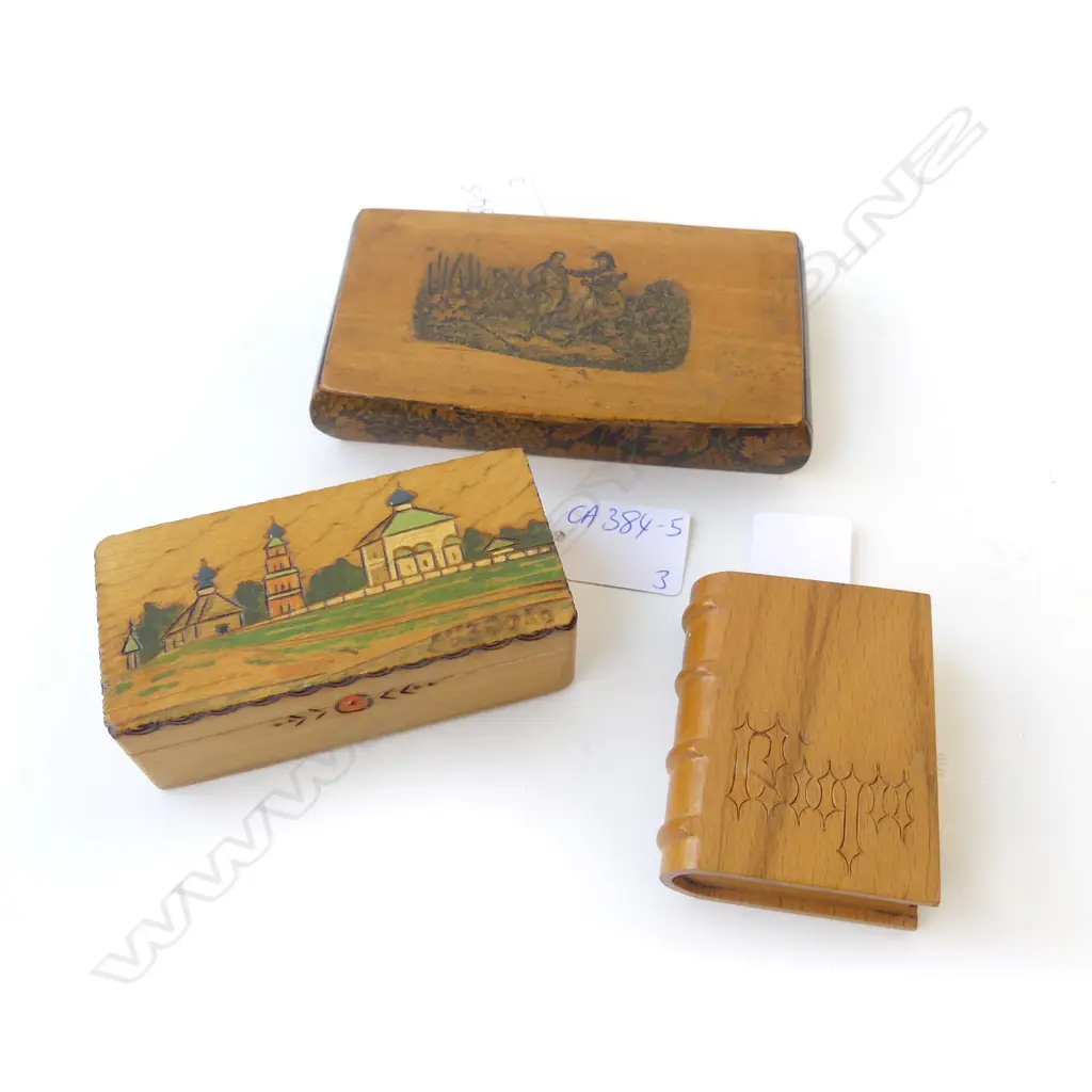 SMALL WOODEN 'BOOK' WITH VIEWS OF RIGA INSIDE, MAUCHLINE BOX VICTORIAN SCENE L. 130mm & SMALL BOX RUSSIAN? Image 1++