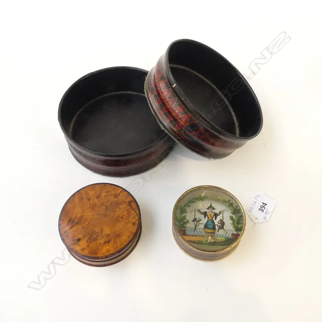 PR ANTIQUE PAPIER MACHE WINE COASTERS 135mm dia, 2 LIDDED CONTAINERS 80mm dia Image 1++